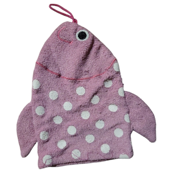 HP 😊 Pink Polka Dot Fish Children's Wash Cloth Bath Time Fun/Hat Beanie 3-9 M - Picture 2 of 5